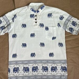 Men's White and Blue Thailand  Elephant Print Shirt